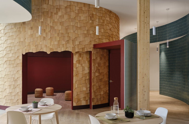 At the heart of the space is the Nookomis, ‘grandmother’ in Ojibwe, a circular ceremonial room. - Doublespace