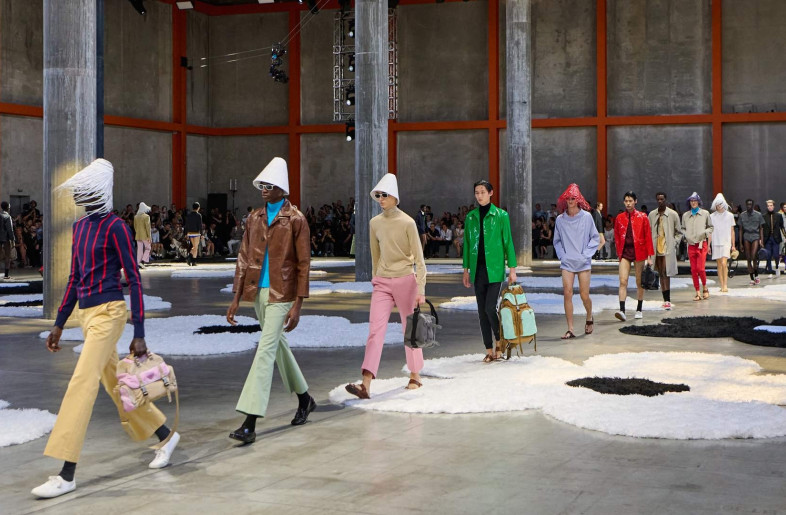 Crafted from soft, flappy artificial fur, some of them had soft centres in pastel hues, made from the same light blue poplin also used in the collection. - Courtesy of Prada