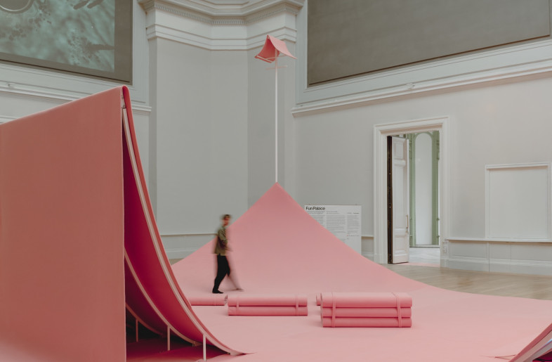 Heavyweight textile is used together with metal frames for a sturdy yet portable installation. - Riccardo de Vecchi