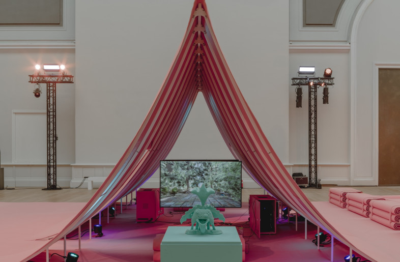 A video installation showing inside the tented space. - Riccardo de Vecchi