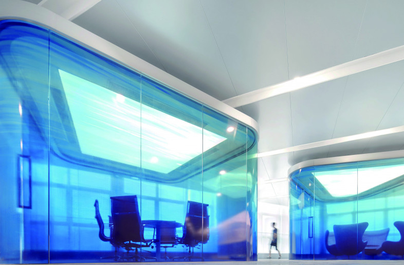 Blue laminated glass creates a wonderful feeling of the ocean - Reception Room