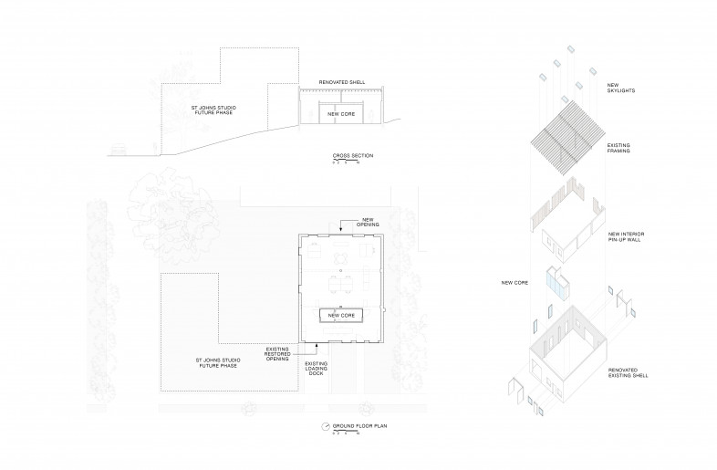 Site plan including future phasing, left, and axonometric diagram of architectural elements, right - Beebe Skidmore Architects