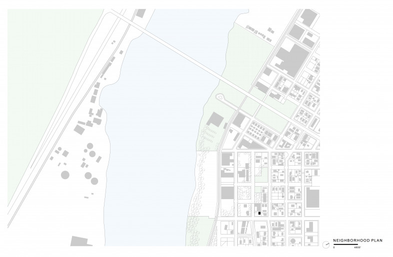 Context plan showing relationship to neighborhood, river, bridge, and forested hills - Beebe Skidmore Architects