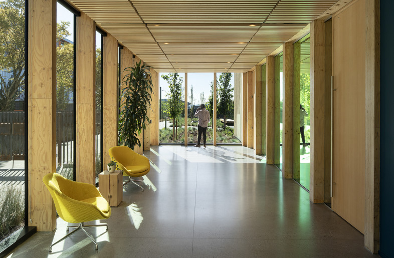 Prefunction space with Mass Plywood columns and western hemlock slat ceiling - Jeremy Bittermann