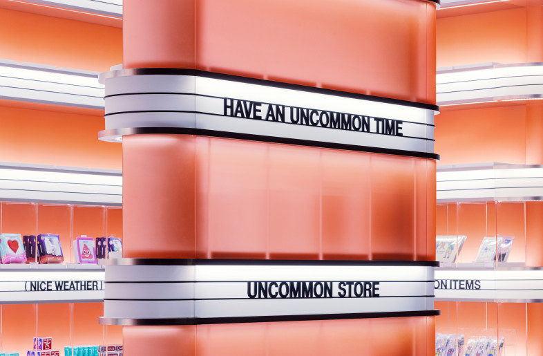 Targeting the dominant consumer group of the future, the design of Uncommon Store is grounded in Retro Futurism. The signature design motifs, incandescent oval loops, of salmon pink color forms composition with strap lights and acrylics. - Yongjoon Choi