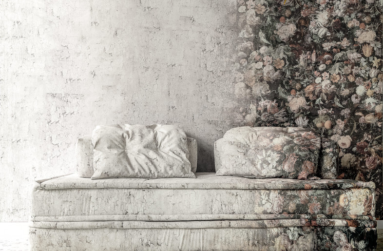 The custom-printed velvet material of the sofa blends into the background creating an optical illusion of invisibility - vasilislagios photographer