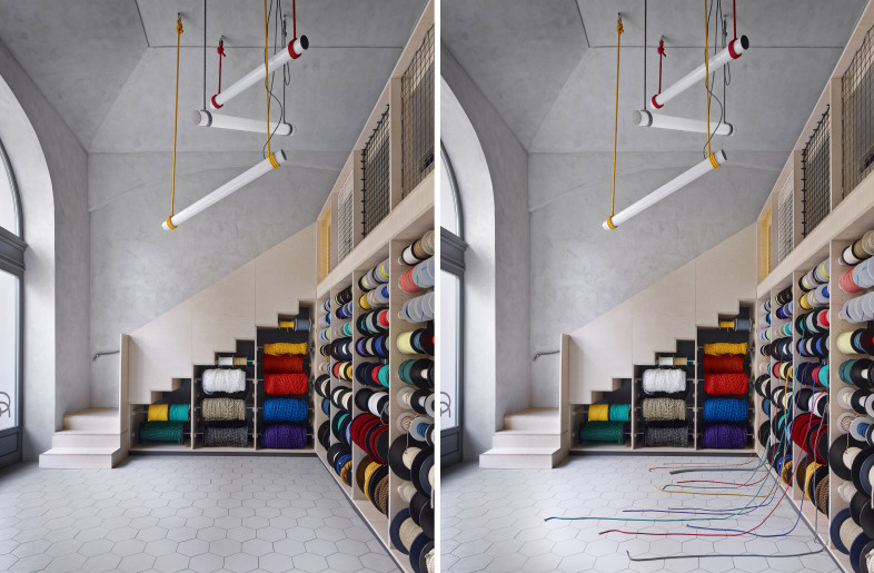 Rope shop racks with the staircase - JRA Jarousek Rochova Architekti