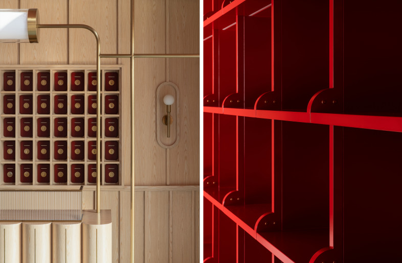 Left: Cashier's Desk detail;  Right: Display shelf form detail - Photo Credit: Wen Studio