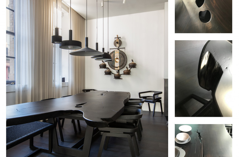 Custom-designed dining table seating 12, made from 3" natural growth, live edge wood slab - Federica Carlet and Archi-Tectonics