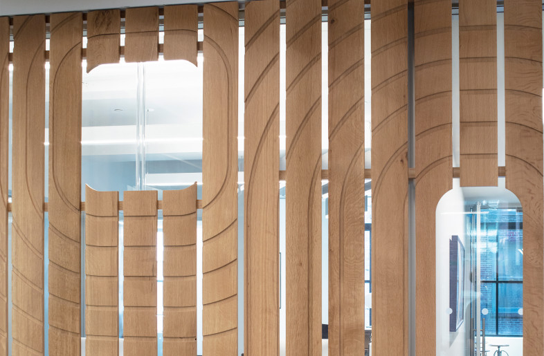 A screen wall links the reception area to the staff work area. It provides acoustical separation using glass partitions but lets light through a wood screen with a CNC-milled pattern of ripples. - Paul Warchol