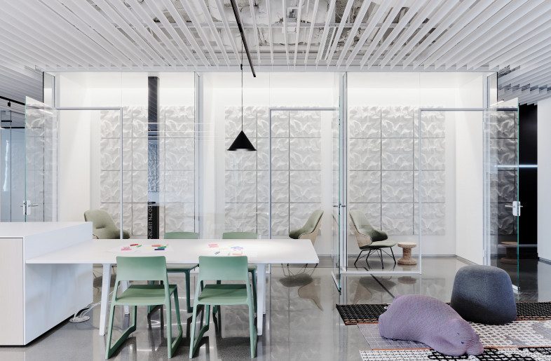 A transparent partition system encloses office spaces with minimal use of built walls so that the space retains a sense of openness, allowing the physical and functional connection between diverse spaces to be seen in a single glance. - Joe Fletcher