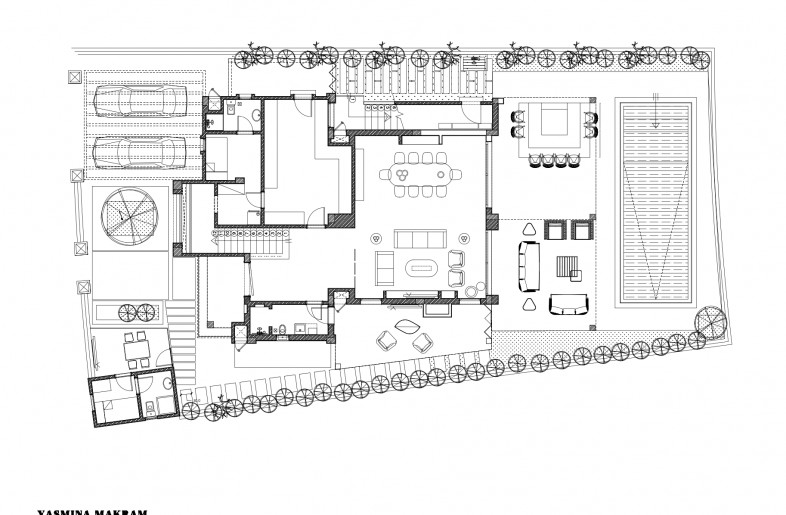 Ground floor site plan with the reception area, kitchen, pool and deck. - Yasmina Makram
