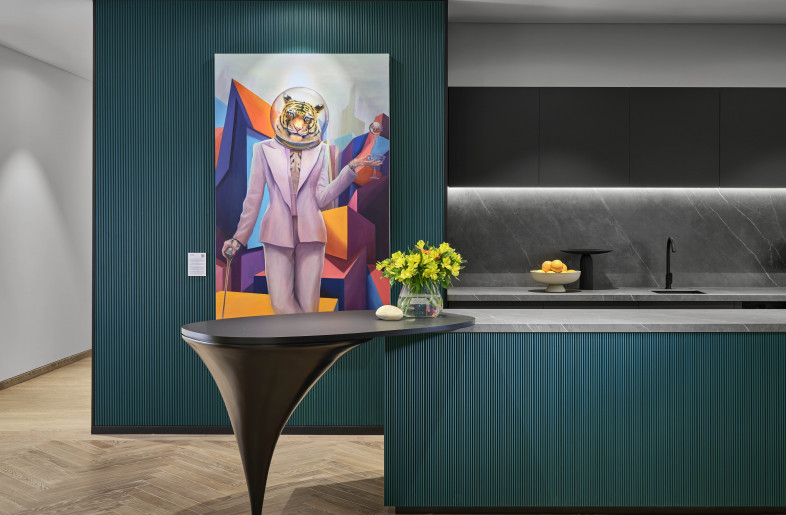 The vibrant anthropomorphic portrait titled ‘Liminal’ by David Chan takes center stage in the Show Kitchen and serves as a statement piece - Owen Raggett