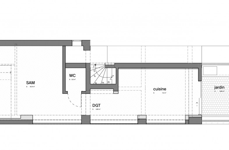 Ground Floor: dining room, WC, hallway with cupboards, kitchen & garden - Corpus Studio