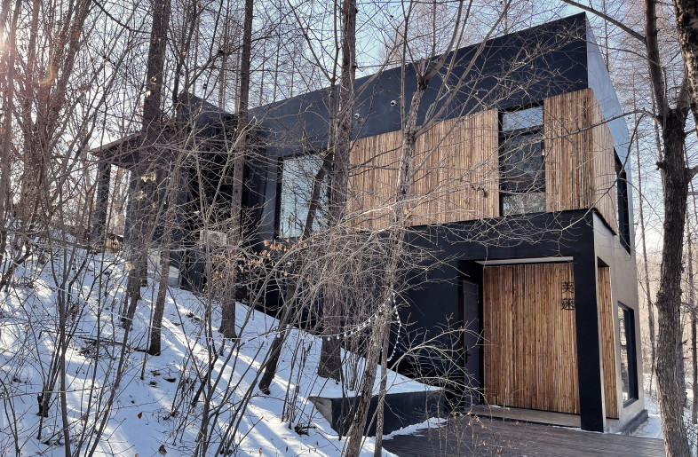 simple building in black tone appears at the forest - Poly Design Stodio