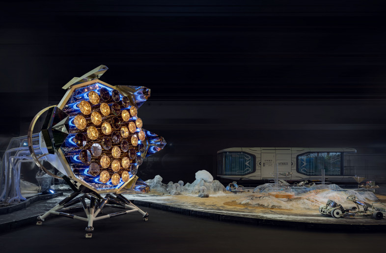 "Awakening-Voyage"： inspired by rocket propulsion, is a symbol of the quest for the future. The device can sense the presence of people and change accordingly. - Zhaoliang Qin