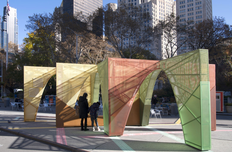 Inspired by the dynamic geometry of intersections that form the Flatiron Building’s shape and America's woven tapestry of cultures, the installation is an unfolding set of interactive archways. - Martin Seck and Flatiron/23rd Street Partnership