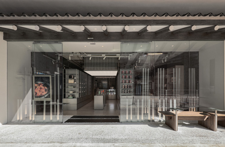 The shopfront is inspired by a Hanok where traditional Korean window screen partitions are reinterpreted with layers of matte acrylic light tubes - Timmy Lo