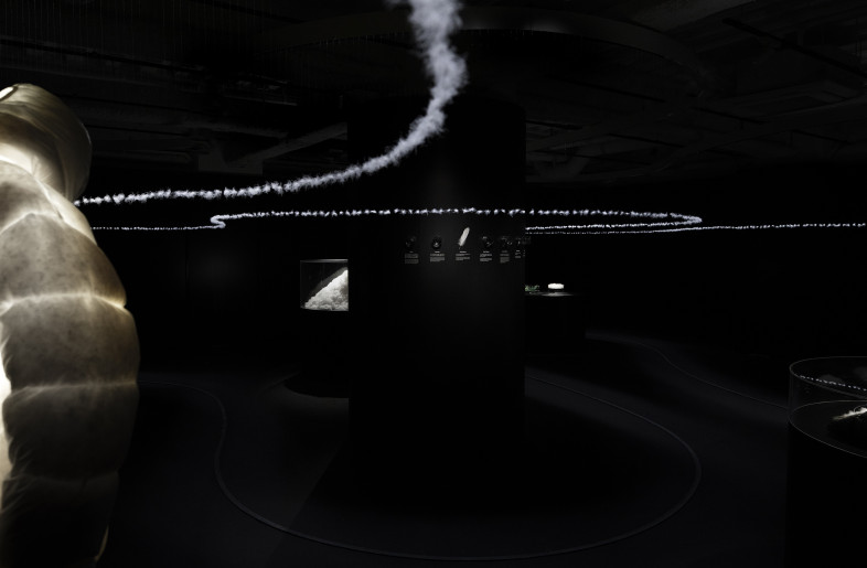 Panoramic view photo.　Visitors encounter the roots of down materials as they trace a route made of down balls. - Daisuke Ohki