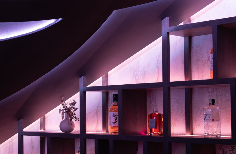 Floor-to-ceiling shelving was built to separate the two spaces and fill the double-volume void. - Finbarr Fallon