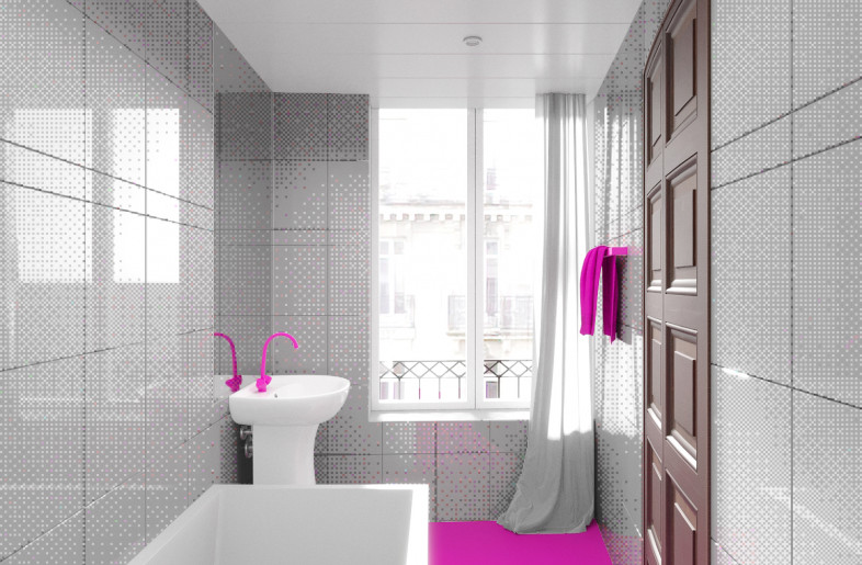 Hot pink and grey finishes dress the entire hospitality space. - Courtesy of Crosby Studios