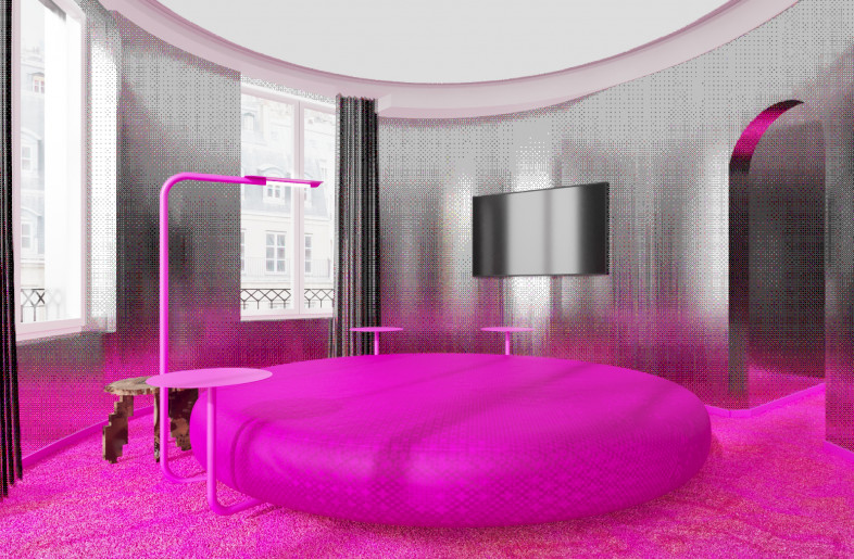 Hot-pink flooring now surfaces the 1930s-era room, lined with metallic walls and curtains. - Courtesy of Crosby Studios