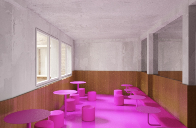 This render illustrates the imagined cafeteria of the hotel. - Courtesy of Crosby Studios
