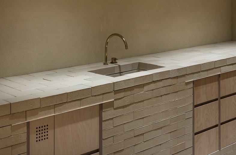 The bricks in beige sand wall in beige and the russian birch - Kenata Hasegawa